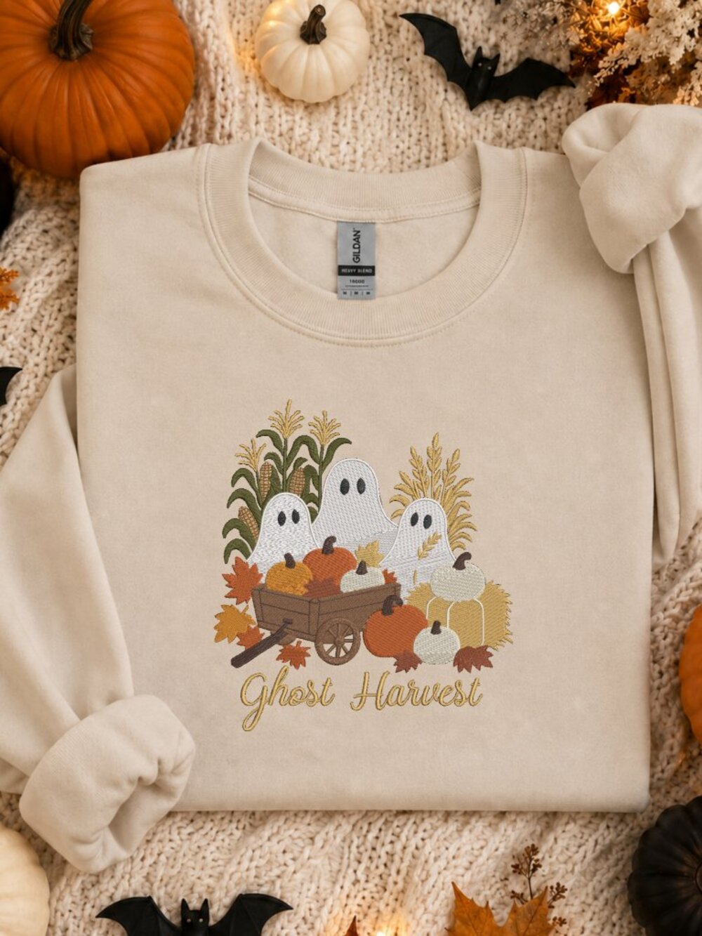 Ghost Harvest Embroidered Sweatshirt Pumpkin Fall Autumn Leaves Halloween Gift